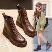 Girls boots 2021 autumn and winter new leather plus velvet short boots English wind Martin cotton boots children shoes cotton