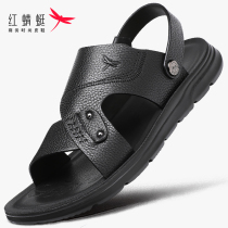 Red Dragonfly Leather Sandals Sandals Men Genuine Leather Summer Head Layer Bull Leather Soft Bottom Non-slip Casual Beach Shoes Driving Dad Slippers