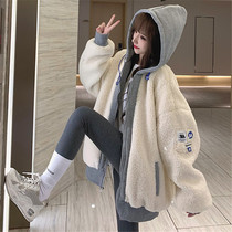 Winter thick hooded lamb plush stitching cotton jacket women Joker Korean loose oversize cotton coat tide