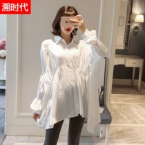 Super size pregnant womens shirt dress womens spring dress long Korean top white shirt loose 200kg tide