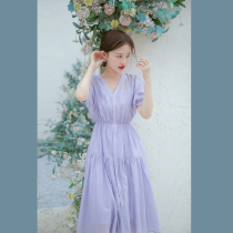 2022 New Summer Womens Dress Tea Hysteria Style First Love Sweet And Beautiful Bubble Sleeves Purple dress with waist long dress