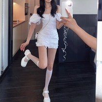 Clavicle word shoulder dress 2021 summer new pleated hip sexy bubble sleeves white new skirt women