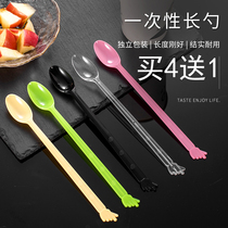 Disposable spoon Individually packaged milk tea roasted grass long handle ice spoon Plastic mixing dessert shop creative than heart