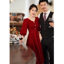 Toast Bride 2021 New Autumn Wine Red Wedding Engagement Home Dress Female Small French Mid Sleeve