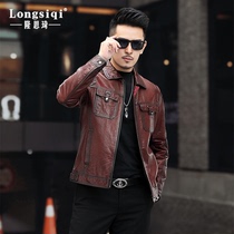 Haining leather leather mens fashion autumn and winter new oil wax leather retro slim Korean version of the short denim leather jacket jacket