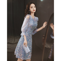Blue sequined evening dress skirt women 2021 new temperament summer short section small man high-end bridesmaid banquet host flash