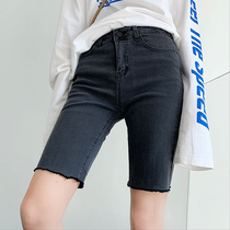 2021 new summer high waist black denim shorts womens stretch tight cycling pants medium pants thin five-point pants