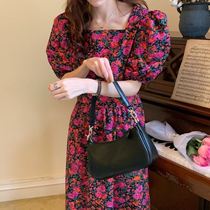2021 spring retro Western style thin square collar tie waist long section over the knee bubble sleeve small floral dress female