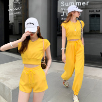 Yellow Sports Suit Womens Summer 2022 New Thin Section Running Fashion Foreign Air Weight Reduction Casual Wear Two Sets