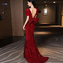 Toast Bride 2021 new wine red door engagement high-end atmosphere sequins fishtail host evening dress dress