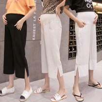 Pregnant women pants 2021 New Ramie pregnant women 7 points open fork wide leg pants loose casual pregnant women belly pants summer clothes