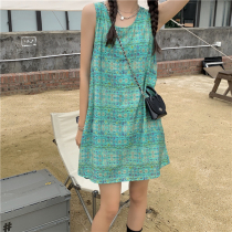 French first love floral vest skirt small fresh retro loose green sleeveless fairy dress summer thin section