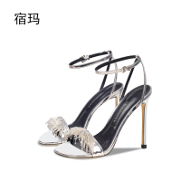 Silver with sandals in 2023 new summer French fine heels with toe sexy paint skin