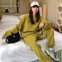 Leisure sports suit women autumn and winter 2021 New European fashion loose plus velvet padded two-piece set