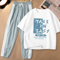 Sports suit womens summer 2021 new small man casual thin autumn girl student summer two-piece set