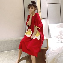 Loose fashion can wear cotton pajamas Womens summer long knee-high cotton night dress Female student Korean version of home clothes