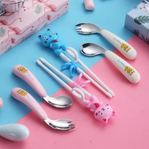 Baby learns to eat training spoon Stainless steel childrens tableware Elbow spoon crooked spoon Curved fork Baby spoon