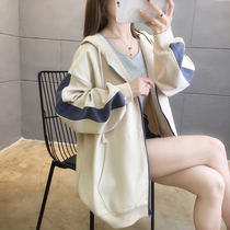 2021 autumn new thin sweater womens plus size womens Korean version fat mm wild hooded cardigan zipper jacket