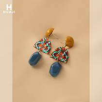 Flower yellow blue color color matching earrings female retro ethnic port style acrylic earrings 2021 New Tide earrings summer