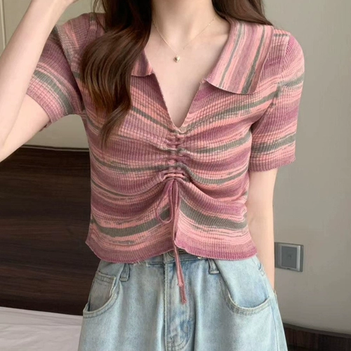 Дизайнерская летняя тонкая трикотажная короткая футболка с коротким рукавом, штаны, тренд сезона, Таиланд, короткий рукав, V-образный вырез, на шнурках, высокая талия