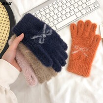 Gloves Winter female ins cute Korean students winter plus velvet thickened warm and cold-proof five fingers