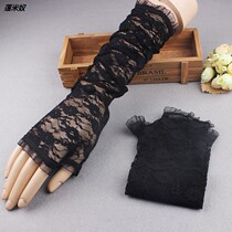 Half finger lace gloves female long sleeve hollow black sexy mesh dinner dress spring and autumn