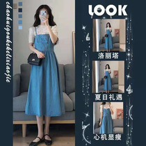 Hong Kong style retro chic suit long dress French retro design sense Hepburn wind denim sling dress children summer