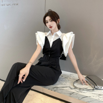 2021 new reduced-age polo collar fly sleeves one-piece suit pants summer conjoined long pants small sub one-piece dress damp