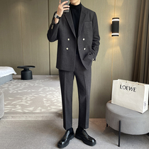 Double-breasted woolen suit mens autumn and winter mens handsome loose casual suit suit suit suit Korean version of the trend fried street High coat