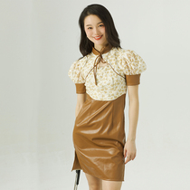 Hibiscus Continues 2022 New Spring Apricot Brown Splicing Improved Cheongsam High-end Temperament Bow Small Fashion B446