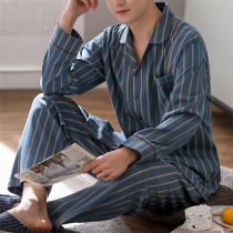 2021 New Casual Pajamas Mens Spring and Autumn Thin Cotton Long Sleeve Homewear Mens Simple Cotton Set