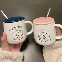 Water cup Female student Korean mug with lid spoon Couple cup Ceramic cup ins cute coffee cup Drinking cup