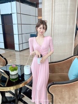 French niche design sense A word advanced sense temperament pure desire wind V collar waist waist seven-point sleeve dress long skirt