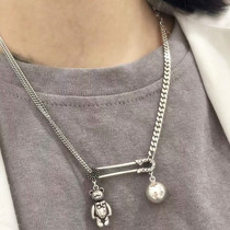 South Korea s925 silver custom bear pin light bead necklace female ins Wind Net Red fashion tide choker