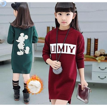 Girls sweater plus velvet padded medium-length knitwear 2019 autumn and winter childrens clothing in childrens base shirt childrens hair
