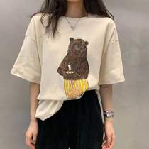 South Korea East Gate 2021 summer new polished cotton men and women with cute little bear 3 color loose T-shirt