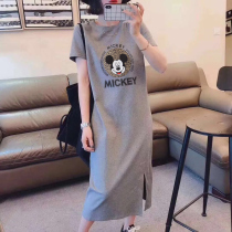 Pregnant summer gray short-sleeved t-shirt dress cotton casual loose medium-long Korean version over-the-knee dress tide mom