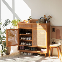 Cherry wood shoe cabinet Nordic solid wood entrance cabinet Cherry wood Japanese Rattan door household locker) small and half