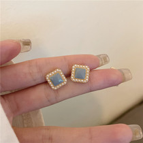  S925 pearl earrings tea earrings design sense niche retro blue ear clip simple cold wind no pierced ears female