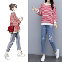 (Slightly fat girls wear) Korean autumn fat mm foreign-style meat cover loose sweater jeans two-piece fashion