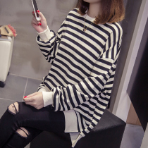 Spring and Autumn Cotton New Korean bf200 Jin Large Size Loose Striped Long Sleeve Sweater Womens Jacket Joker Tide