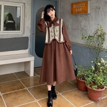 2021 autumn and winter New Korean bow long sleeve dress knitted crocheted waistcoat two dress dress women