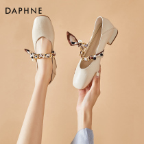 Daphne High heels 2022 new summer soft leather commuter womens shoes square head French style single shoe coarse heel small leather shoes