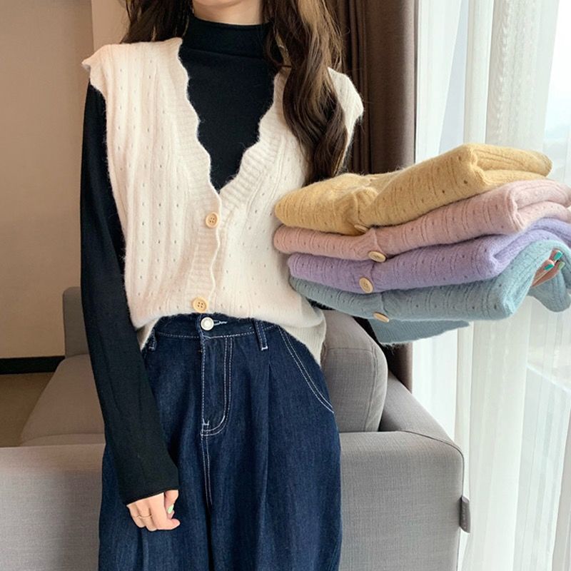 Watch out for machine hollow knitted vest female Korean version loose sweater shoulder-length wearing wave-side cardigan horse clip tide