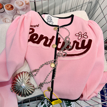 Pink Knit Cardiovert Jacket Woman 2022 Spring Short Small Sub-Style Embroidered Loose Lazy Wind Blouse