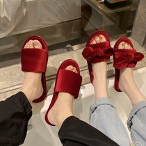 Red Bride wedding slippers indoor winter spring and autumn wedding couple newlyweds festive pair European simplicity
