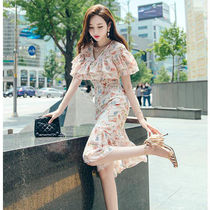 2021 summer new womens sexy temperament socialite high-end square collar floral slim-fit fishtail buttock dress