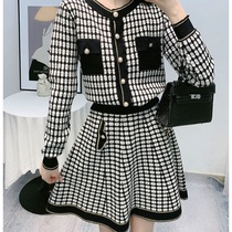 Xiaoxiang style knitted skirt two-piece suit Spring long-sleeved jacket Houndstooth high waist thin A-line skirt