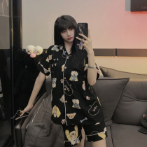 Pure cotton pajamas womens summer ins net red wind short-sleeved Korean version of black dog thin section can be worn outside home clothes two-piece set