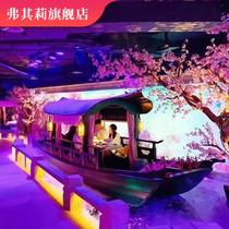 Water dining wooden boat hotel indoor medium-style painting boat eating antique theme tourism wreck boat